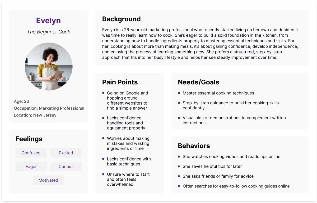 User persona profile highlighting needs, goals, and frustrations