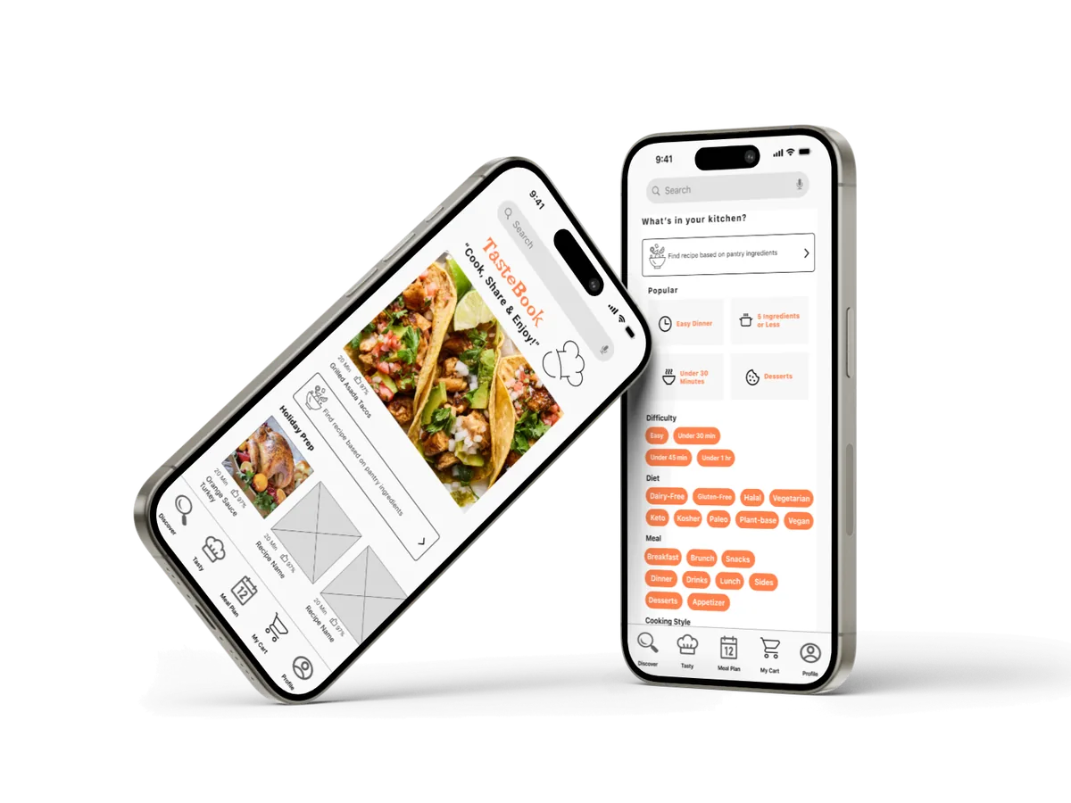 TasteBook app mockup shown on a mobile phone